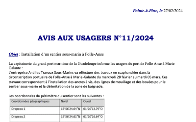 Avis aux usagers N°11/2024 – Installation d’un sentier sous-marin, site Folle Anse à Marie-Galante (27/02/2024)