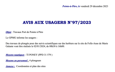 Avis aux usagers N°97/2023 – Suivis scientifiques sur des herbiers de la circonscription portuaire de Folle Anse de Marie-Galante (2/01/2024)