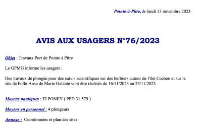 Avis aux usagers N°76-2023- Suivis scientifiques sur des herbiers autour de l’ilet Cochon et sur le site de Folle-Anse de Marie Galante en date du 16/11/2023 et en date du 24/11/2023