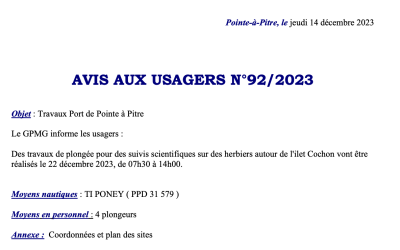 Avis aux usagers N°92/2023 – Suivis scientifique sur les herbiers à l’îlet cochon (22/12/2023)